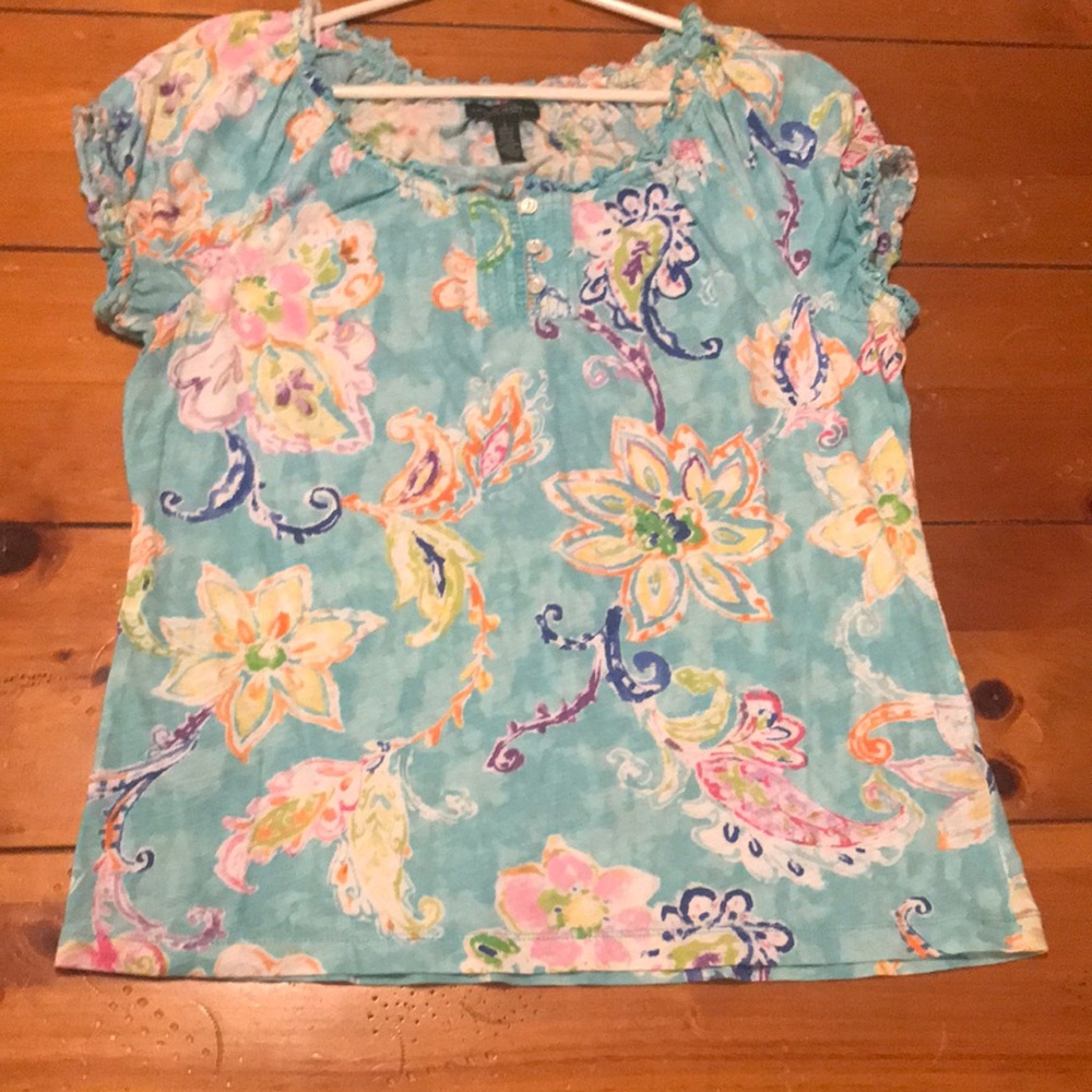 LRL Lauren Jeans CO. Ralph Lauren, Large paisley floral multi colored on blues.